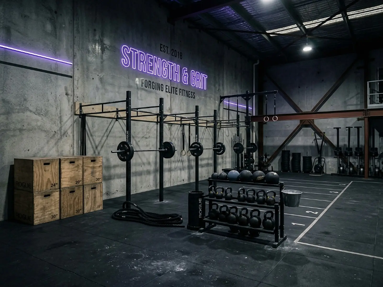Área funcional con cajones de madera, kettlebells y rack de dominadas